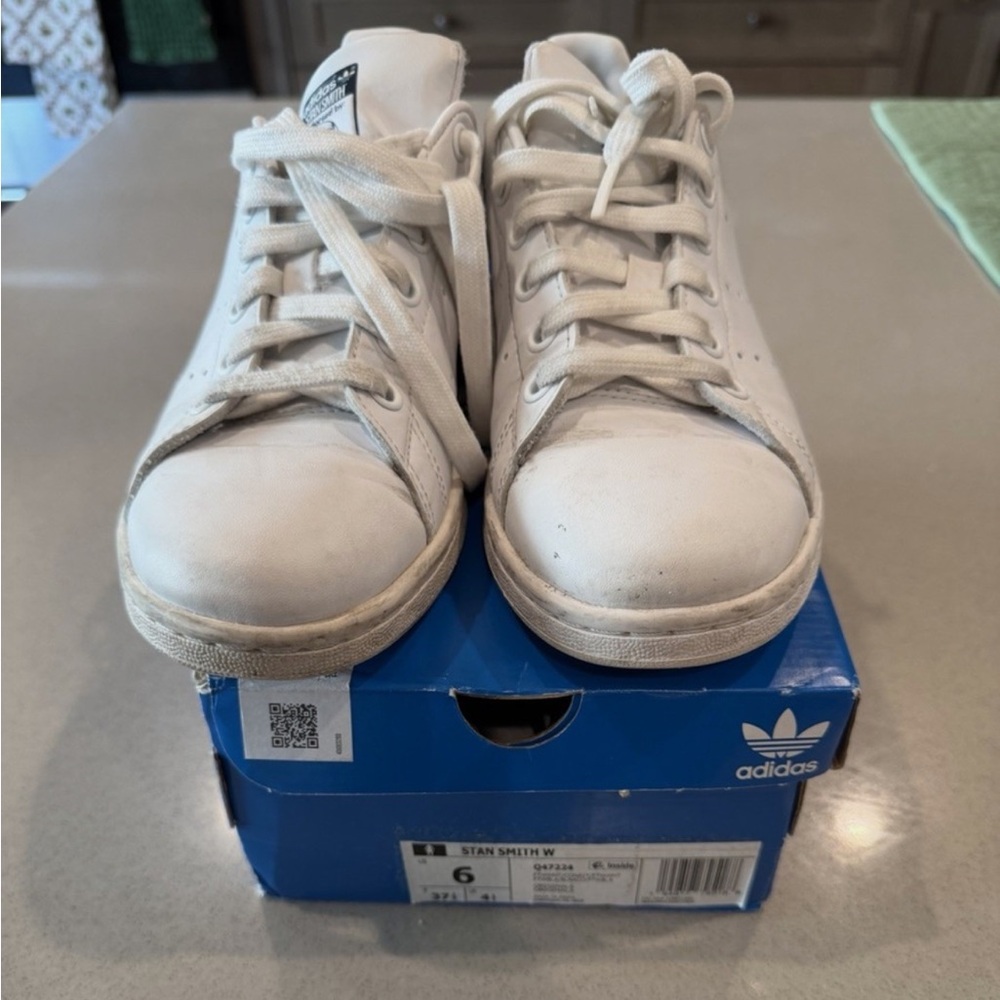 adidas Stan Smith White Leather Sneakers with Navy Heel Tab